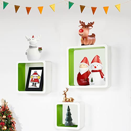 Ezigoo Cube Floating Wall Shelves – Pack of 3 White & Grass Green Sage Shelves for Walls in Bedroom, Home Office or Kitchen Floating Storage of Books, Movies or CDs – Decorative Modern Wall Shelves