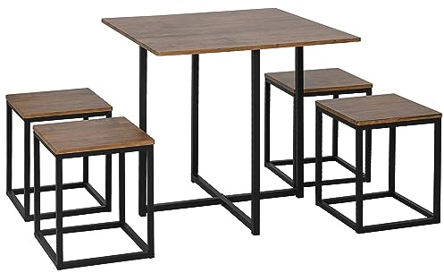 HOMCOM Set 5 Pezzi Tavolo Sala da Pranzo con 4 Sgabelli in Stile Industriale per Cucina, Set Mobili Salvaspazio per Casa o Ristorante in Legno e Metallo, Nero e Color Legno