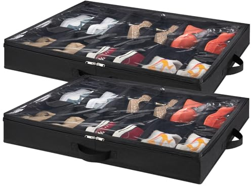 Lifewit Under Bed Shoe Storage Organizer Set of 2, 4.3 Inches Tall Low Profile Fabric Shoes Container Box with Clear Cover, Foldable Storage Bag with 2 Handles, Total Fits 24 Pairs of Shoes, Black