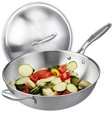 Relaxdays Wok, 32 cm, Edelstahl unbeschichtet, Gas-, Elektro-, Induktionsherd, Wokpfanne mit Deckel & Griff, silber 10038407, 23 x 60 x 32 cm
