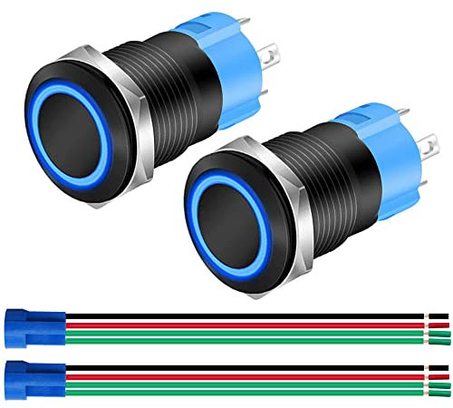 Gebildet 2pcs 12mm in Metal Negro Pulsador Momentáneo 12V-24V 3A LED Normalmente Abierto SPST Encendido/Apagado Impermeable con Enchufe de Cable (LED Azul)