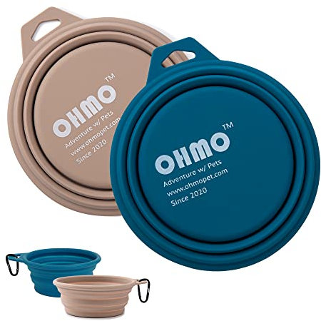 OHMO Cuenco plegable para perros (paquete de 2 unidades de 400 ml, azul y beige), cuencos de agua de silicona premium para gatos y perros, cuencos portátiles de viaje plegables para acampar al aire