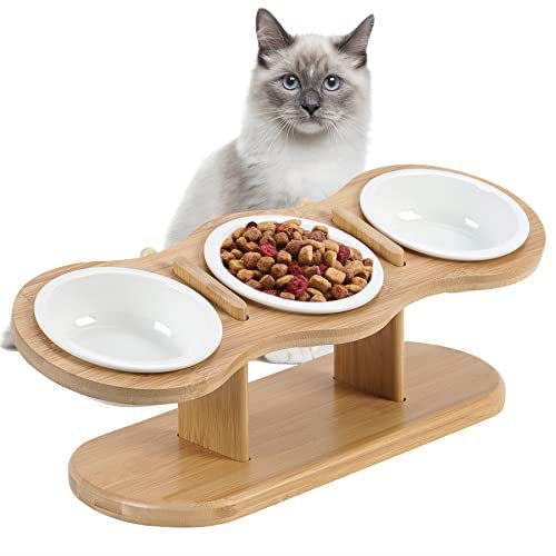 GHIAKQYT Lot de 3 gamelles ergonomiques surélevées pour Chat avec 3 gamelles en céramique - avec Support en Bois - pour Nourriture sèche, Nourriture Humide, pour Chats, Petits Chiens