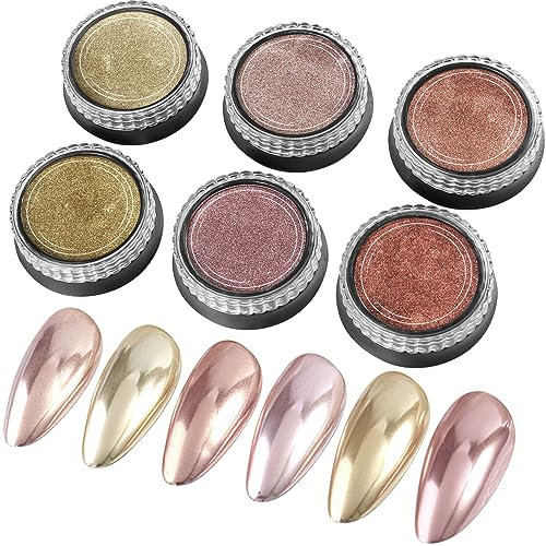 GJNL 6 Colors Gold Chrome Nail Powder - 6 Jars Metallic Effekt Chrome Pulver Nägel, Roségold Chrom Pigmente für Nägel Nagelpulver Chrom Nägel, Champagner Gold Pigment Glitzerpuder Pulver für Nägel