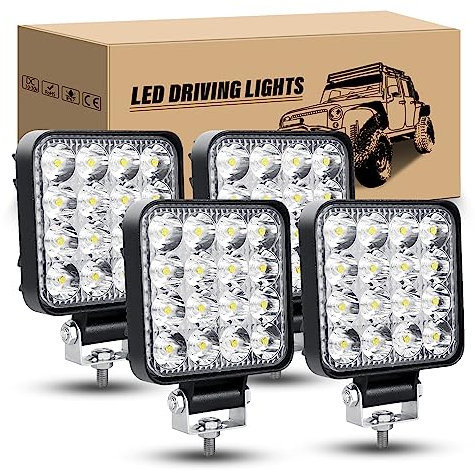 RIGIDON 4 Pcs Phare de Travail led, 3.3 pouces 48W mini Projecteur lumière 12V 24V carré feux de travail led Étanche pour 4x4 Offroad Voiture Camion Tracteur SUV, 6000K Spot feux antibrouillard