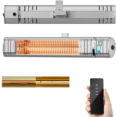 Heizstrahler Terrasse, Infrarotstrahler 2000W, Elektrisch Wärmestrahler mit 3 Heizstufen, Wandmontage, IP65 Wasserdicht, Infrarot Terrassenheizer für Garten & Balkon, Silber