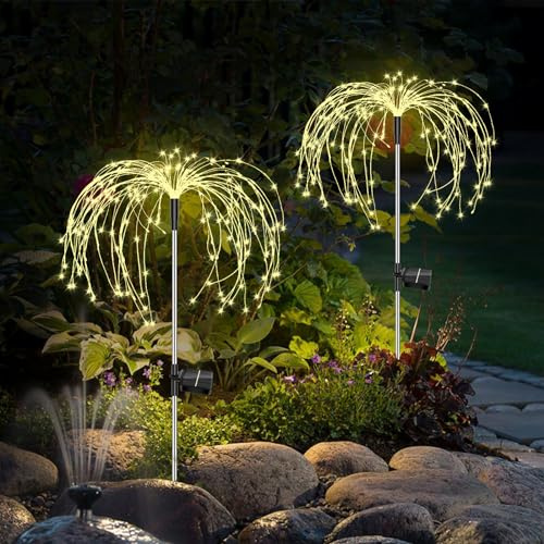 Decorazione da giardino a energia solare, per esterni, 2 pezzi, 150 LED, per fuochi d'artificio, 8 modalità, luci solari per esterni, giardino, prato, balcone, decorazione (bianco caldo)