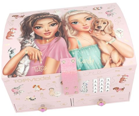 Depesche 13140 TOPModel - Großes Schmuckkästchen in Rosa, mit Model Motiv und Tieren, Schmuckbox mit Code, Sound und Spiegel, Mehrfarbig