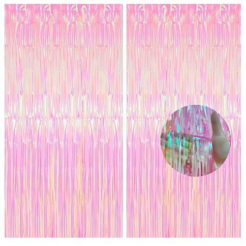 2pcs Holographic Pink Glitter Tinsel Curtain Backdrop, 1 * 2m Iridescent Foil Door Fringe Tassel Tinsel for Girls Fairy Princess Party Decorations