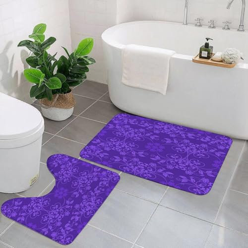 EYLOZS Badezimmerteppich Set 2 Teilig Waschbar rutschfeste Badematte Toilettenmatte Weich Saugfähige Badteppiche,Aubergine, wunderschöne, wohlgeformte Blumen auf violettem Hgrund