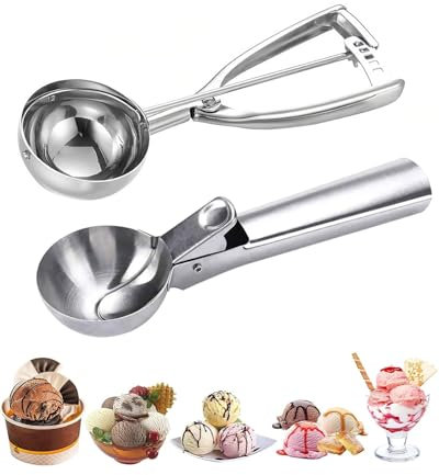 KGDUYC 2 pcs Cucchiaino per Gelato,uso professionale,Porzionatori per Gelato in Acciaio Inox Paletta Gelato con Grilletto Cucchiaio Gelato Palline per Frutta Biscotti Polpette Torte