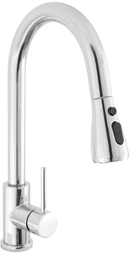 VALAZ Grifo Cocina Extraible Cromado | Grifos Cocina Fregadero | Alta Presión, Monomando, Giratorio 360º, Ahorro de Agua | Instalación Fácil y Rápida | Latón, Acero Inoxidable, Serie Eco Parana