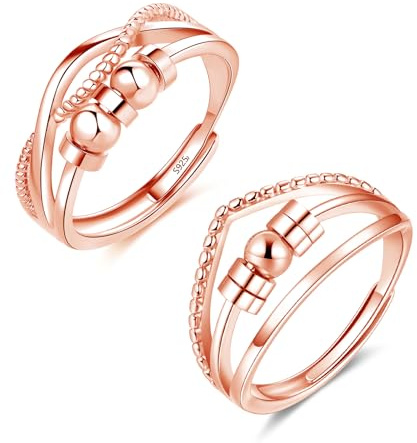 Glintara Ångestring, silver 925, 2 st 925 sterlingsilver antistress-ringset, öppen justerbar fidgetring, partnerringar, par ringar mot ångest, stämningsring med pärlor för kvinnor unisex, Silver