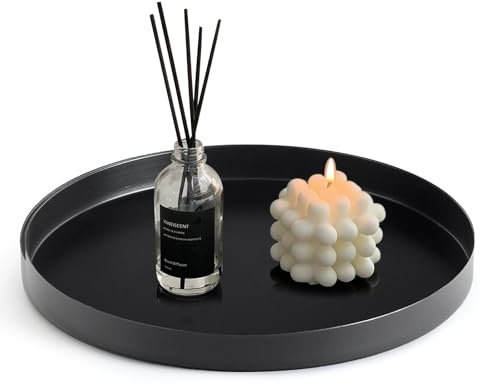 Round Tray 20cm, Black Decorative Trays Metal Serving Tray Coffee Table Trays Candle Holders Plate for Jewelry Perfume Snack Organizer Display Home Decor