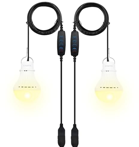 Lampe de camping LED avec interrupteur, 2 ampoules rechargeables de 7 W, lampe de tente à intensité variable, 3 modes d'éclairage 2700-5000 K, lumière d'urgence avec crochet, câble USB 6,2 m, lanterne