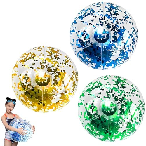 YEWCEP 3er Set Aufblasbare Strand Glitzerbälle 40cm Bunte Wasserbälle für Kinder PVC Wasserball Klein Spielball für Baby Blau Gold Grün Ideal für Schwimmbad Strand Spielzeug