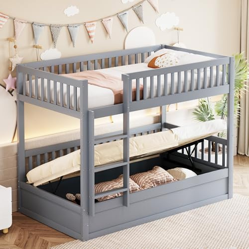 Letto a castello per bambini, in legno massiccio, sistema di cuscinetti idraulici, robusto e durevole, per bambini, 90 x 200 cm (grigio)