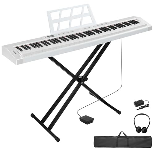 LEADZM 88 Tasten Halbgewichteten Digital Piano, Full Size Keyboard, Elektronische Tastatur mit Doppelrohr-X-Förmigem Ständer, Bluetooth MIDI, Notenständer, Sustain-Pedal, Kopfhörer (Weiß)