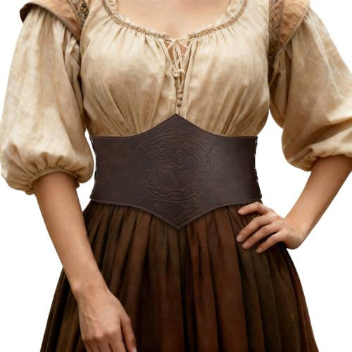 HiiFeuer Ceinture Corset Médiévale pour Femme en Cuir Faux,Corset Sous la Poitrine Renaissance,Réglable Cincher Large pour Ren Faire (Brun Foncé A)