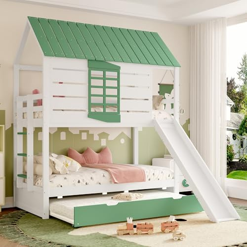 Moimhear Lettino a soppalco, con tetto di casa, con finestre, culla in legno, letto a castello con scivolo, pino+MDF, bianco+verde (90 x 200 x 2 + 90 x 190 cm, con letto estraibile)