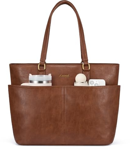 LOVEVOOK Laptop Handbags for Women, 17 Inch Large Tote Bags, Ladies Work Bag with Compartments, PU Leather Shoulder Bag, Designer Hand Bag for School, Office, Business - Brown