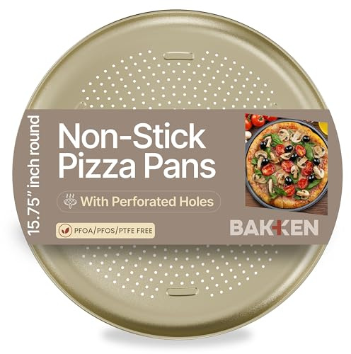 Bakken 16 Inch Non-Stick Pizza Pan 1 Pack, Round Carbon Steel Pizza Tray with Perforated Holes, PFOA, PFOS, & PTFE-Free, Dishwasher & Oven Safe Up To 450°F, Durable Nonstick Coating, Gold