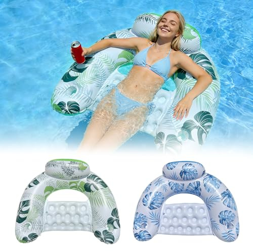 2 Pack Pool Inflatable Adult, Heavy Duty Swimming Pool Floats Chairs in Thickened PVC Lounge Chairs with Cup Holders, Foldable Swimming Floats Adults for Pool Tropical Party Beach Summer Water Fun