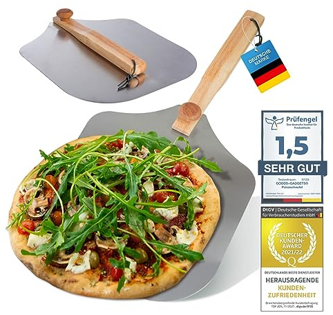 Professionell pizzaspade XXL, pizzapuff i aluminium med trähandtag, fyrkantig brödpress | Fyrkantig aluminiumblad, extra tunt – för pizza, bröd & tarte flambée utan brännskador