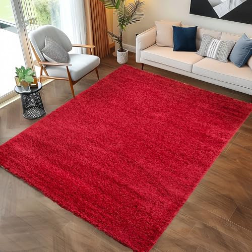 Carpettex Hochflor Teppich Wohnzimmer 300 x 400 cm Rot - Flauschiger Teppich Extra Weich und Pflegeleicht - Shaggy Teppich Modern Einfarbig Design - Teppich für Schlafzimmer, Esszimmer und Küche