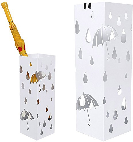 BAKAJI Portaombrelli Stand in Ferro Design Forma Quadrata Colore Bianco Vaschetta Salvagoccia e Ganci per Ombrelli Pieghevoli - 49 x 15 x 15 cm
