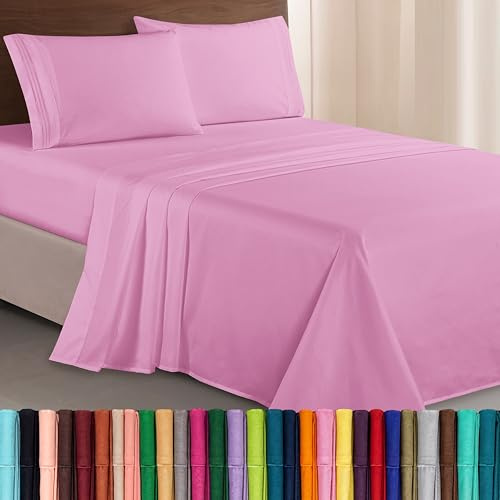 Elegant Comfort Luxurious 1500 Premium Hotel Quality Microfiber Three Line Embroidered Softest 4-Piece Bed Sheet Set, Wrinkle and Fade Resistant, Full, Light Pink