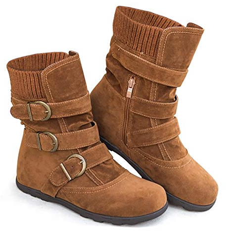 Dernolsea Bottes souples pour femme en faux daim mi-mollet avec fermeture éclair latérale froncée à boucle pour femme, Marron clair., 36.5 EU