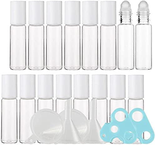ZEOABSY 24 Stück 5 ml Klar Leere Roller Glas Flaschen, für Ätherische Öle Essential Oil 4X Trichter 2X Öffner,5ml Klarglas Roll-on Glasflaschen mit Glas-Rollerball Weiß Schraubverschluss
