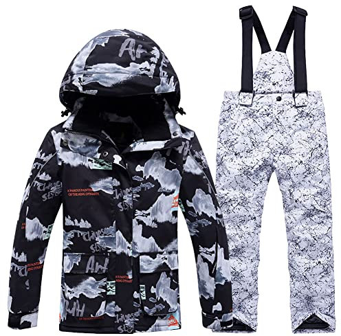 SXSHUN Unisex Kinder Skianzug mit Kapuze Schneeanzug Mädchen Jungen Funktionsanzug 2 teilig Schneejacke + Schneehose Wasserdicht Verdickte, 102-4 White Lightning Pants, 158