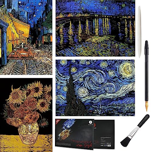 Scratch Art Rainbow Painting Paper, Vincent Van Gogh Engraving Art & Craft Sets, DIY Sketch Card Scratchboard for Teens & Adults - Cafe Terrace at Night, Starry Night Over the Rhone - 4 Pcs