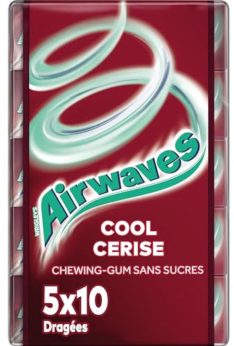 AIRWAVES - Chewing Gum Sans Sucre - Goût Cool Cerise - 5 Paquets de 10 Dragées - 70g