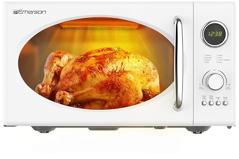 Emerson MWRG0901W 0.9 Cu. Ft. Retro Microwave with 1,000W Grill Function, 800W Cooking Power, LED Display, 5 Power Levels, 8 Auto Menus, Glass Turntable, Child Lock, White Countertop Design