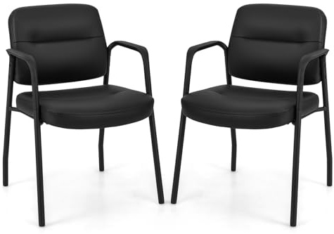COSTWAY 2/4 PCS Executive Office Chairs, PU Leather Reception Chairs with Armrests and Metal Legs, Upholstered Meeting Conference Armchair Guest Seats for Home Office (2PCS, Black)