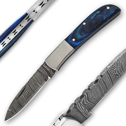 Auerbach Damastmesser Pakkaholz - Taschenmesser Klappmesser Zweihandmesser traditionelle Handarbeit Damaststahl handgeschmiedet | Geschenke für Männer