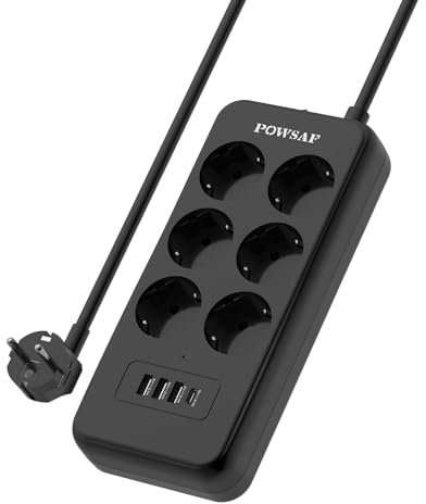 POWSAF Steckdosenleiste mit USB-C-Anschluss, 6 Steckdosen, 3 USB-A-Anschlüsse und 1 USB-C-Anschluss, mit Schalter, geeignet für Homeoffice - Schwarz.
