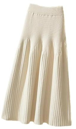 JITEM Women's Thickened Knitted Skirt Mid-Length A Line Pleated Knit Sweater Long Woolen Skirt Autumn and Winter Beige