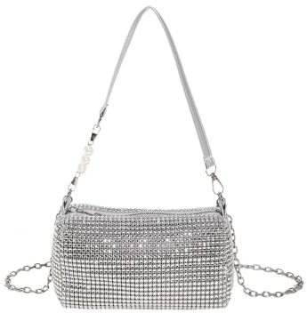 TOFBS Damen Clutch Glitzer Tasche Strasssteine Clutches Abendtasche Handtasche Umhängetasche mit Abnehmbarer Kette für Party Hochzeit Bankett Feiertage(Silber)