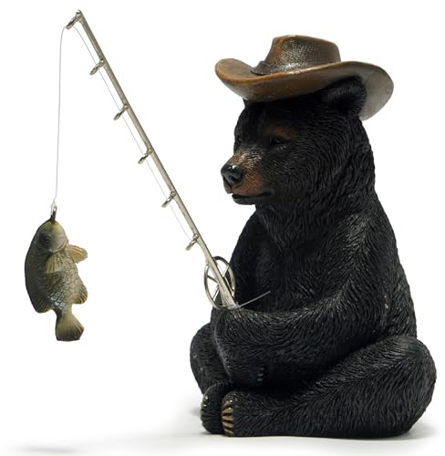 Hodao Black Bear Fishing Figurines Decoration Summer Bear Crafts for Home Office Desk Decor Statue for Tabletop Shelf Decoration Ornament Gifts Decor for Beach Fishing Lovers (Black)