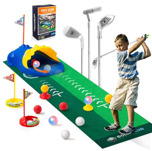 Kazaigou Kids Toy Golf Set Age 3+,Toddler Golf Clubs with Auto Ball Returner, Led Light Up Night Golf Balls & Putting Mat, Indoor and Outdoor Sports Golf Toys Gifts for Kids Aged 3-5+ (Dinosaur style)