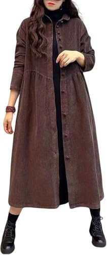 Vagbalena Robe chemise à boutons en velours côtelé pour femmes décontractée lâche rétro à manches longues bouton revers veste grande taille revers rétro long trench-coat veste