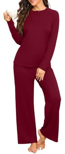 PrinStory Set Pigiama da Donna a Maniche Lunghe Henley Pjs Abbigliamento da Notte Pantaloni a Gamba Larga con Tasche, Rosso vinaccia, L