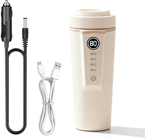 GOMETY Hervidor de agua de viaje para coche, 12 V/24 V, 500 ml, hervidor eléctrico portátil con ajuste de temperatura, calentador de coche de acero inoxidable 316 para té, café, camping y camión