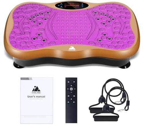 EVOLAND Plataforma vibratoria con 2 Bandas de Resistencia, 99 Niveles de Intensidad y Altavoz Bluetooth, Máquina de Entrenamiento para tonificar y moldear músculos(Oro Púrpura)