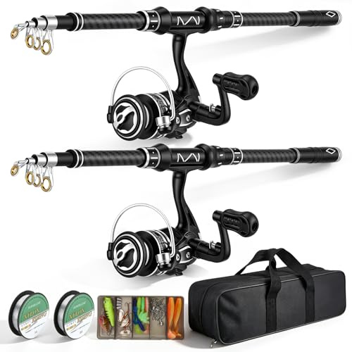 Eirolace Kit de pêche avec 2 cannes à pêche télescopiques, 1,8 m, en carbone, 2 moulinets, kit d'outils de pêche, boîte à appâts et sac de transport, léger et robuste, pour eau salée/eau douce, cadeau