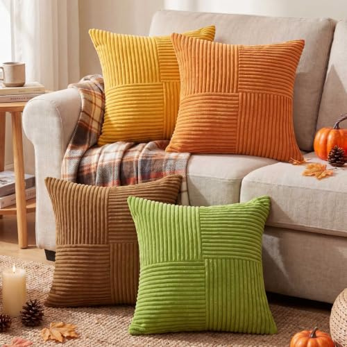 Benjia 4 Stycken Höst Örngott 45 x 45 cm, Randig Höst Kuddfodral Dekorativt Örngott för Inomhus Utomhus Trädgård Hem Vardagsrum Sovrum Soffa Halloween Thanksgiving Höstdekoration (4 Färger)